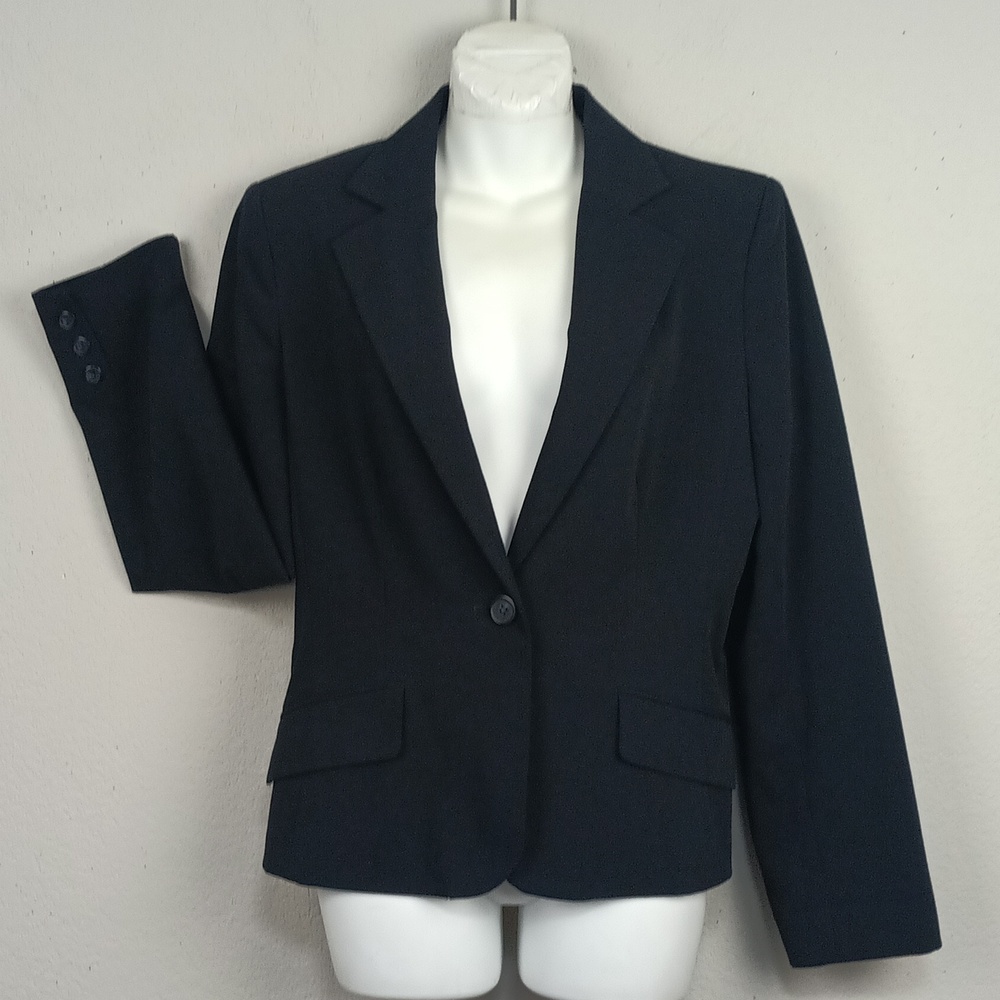 Evan Picone Women Black Stretch One Button  Notched Lapels Tailored Blazer  10